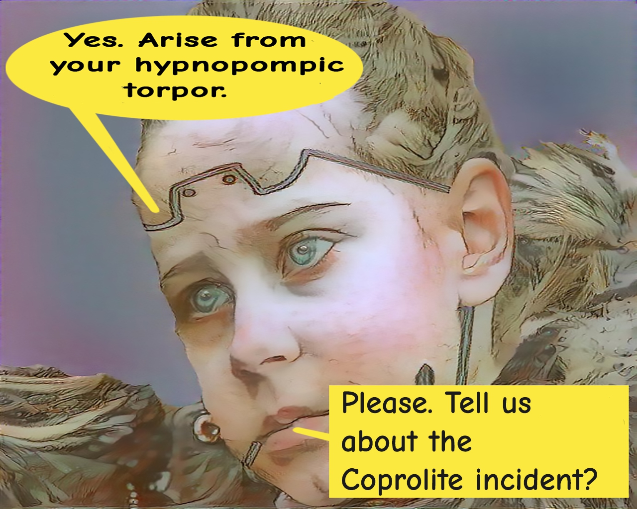 The cyborg Analytica asks him to arise from his hypnopompic torpor and to tell them about the Coprolite Incident.